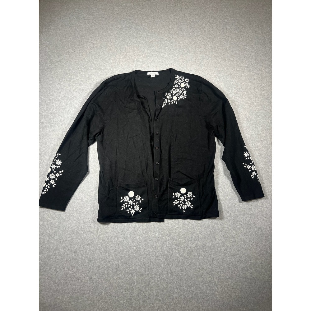 Dressbarn Woman Black Floral Embroidered Button Front Cardigan Sweater 18/20